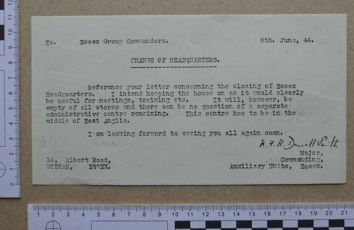 Notice dated 8 Jun 1944 of closure of the Essex HQ (Drake Collection)